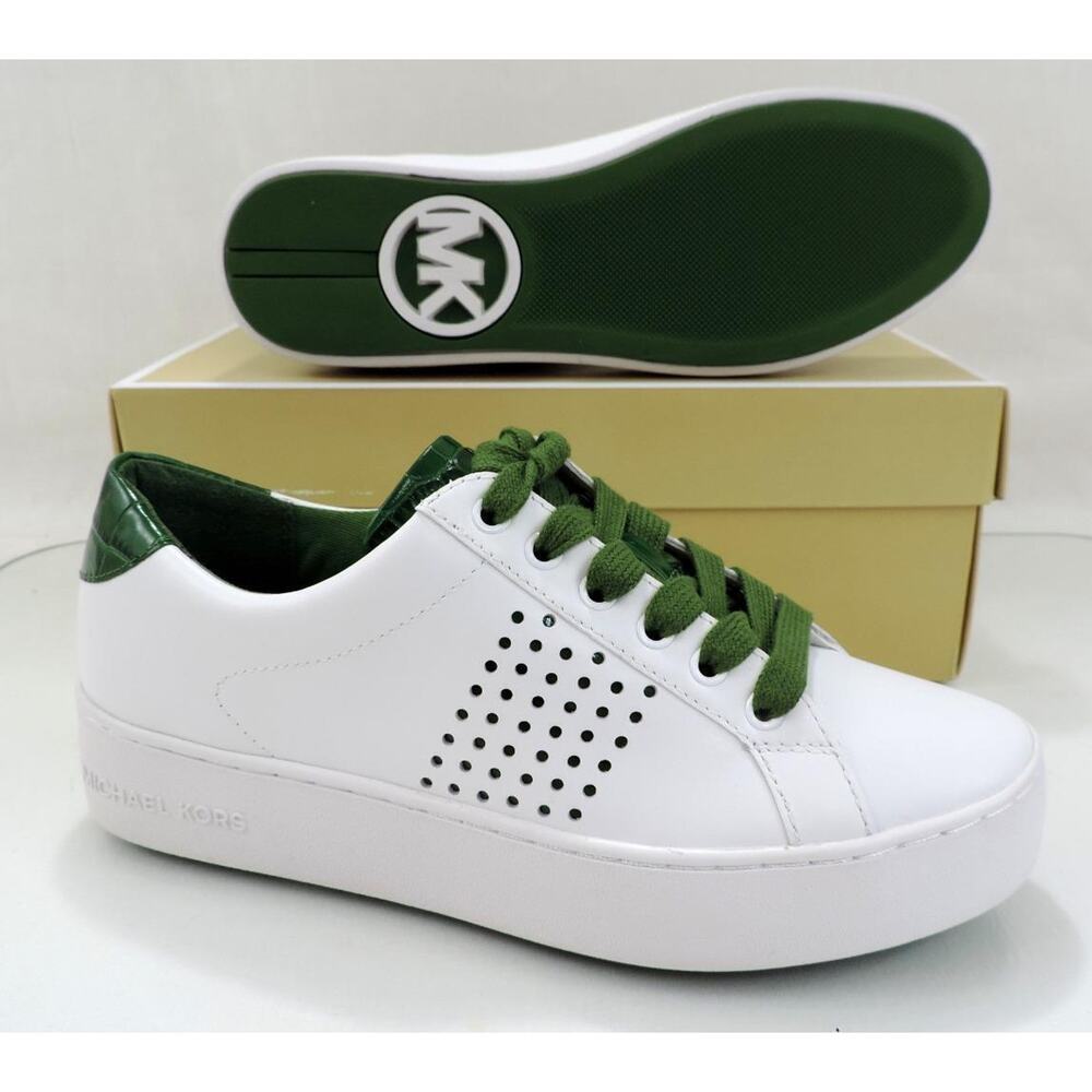 Michael Kors Poppy Lace Up Platform Sneaker Leather Optic White / Green - Picture 8 of 8